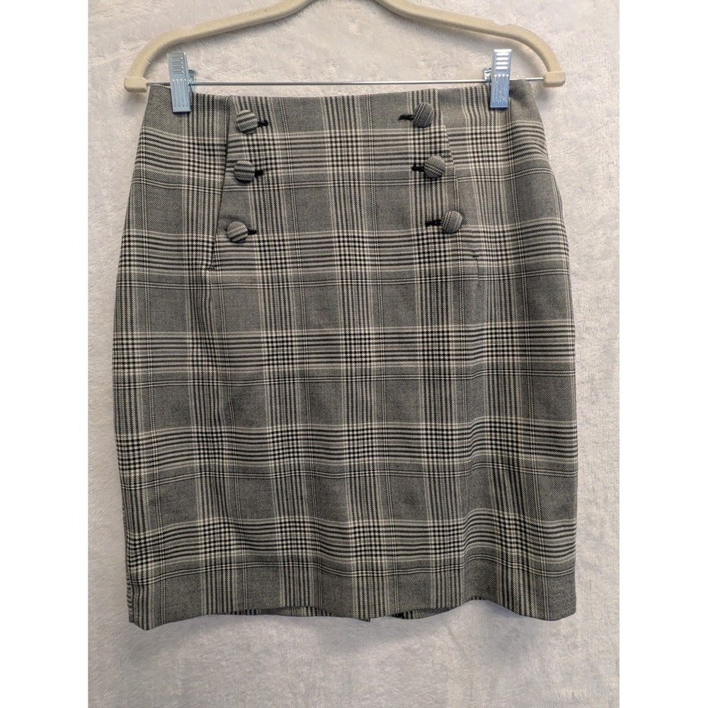 H&M Gray Plaid Pencil Skirt High Waist Button Front Career Work EU 38 US 6‎